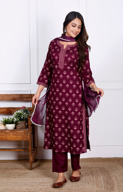 Wine Rayon Printed Women Round Neck Straight Kurta Pant and Dupatta Set