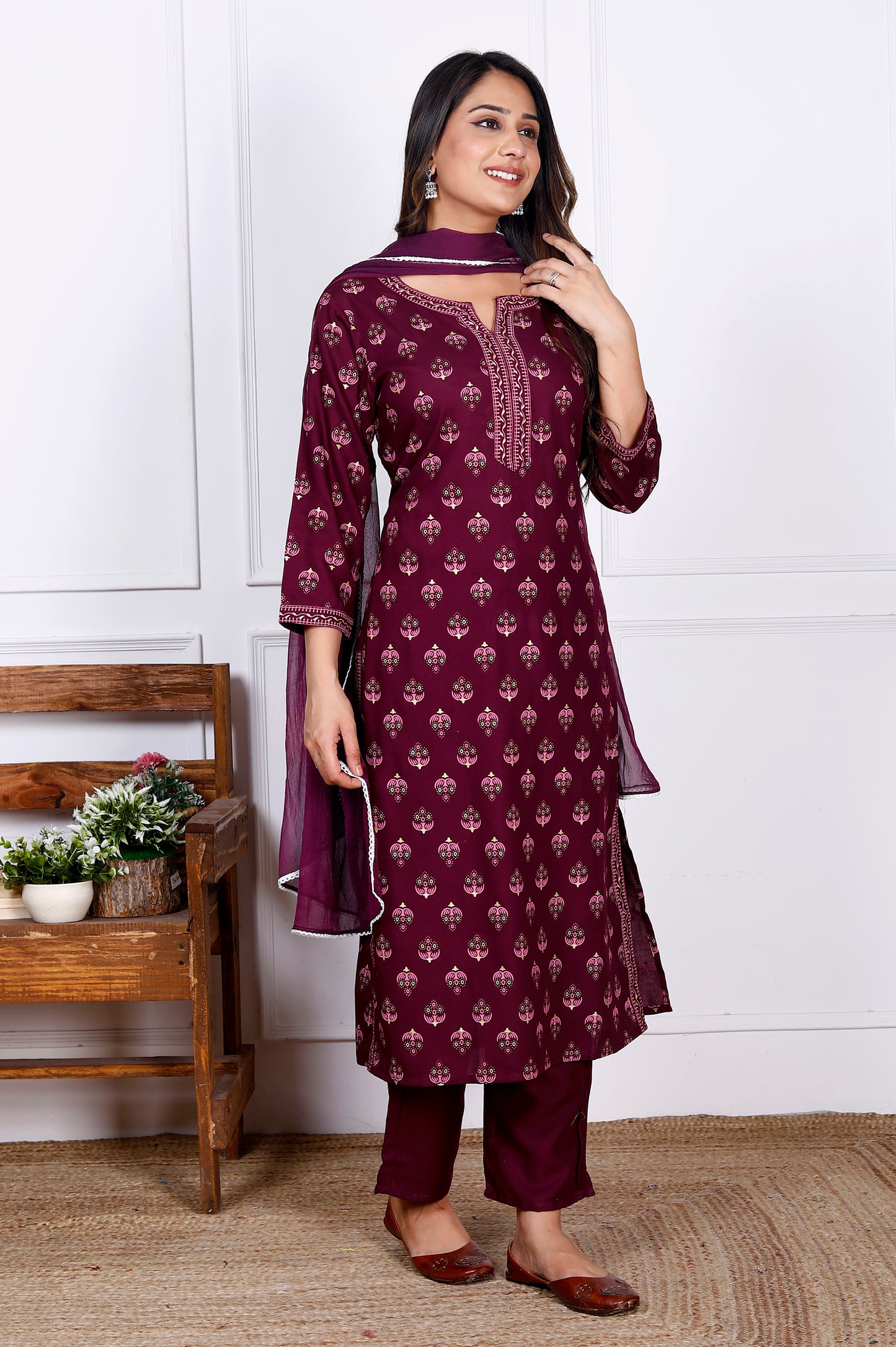 Wine Rayon Printed Women Round Neck Straight Kurta Pant and Dupatta Set