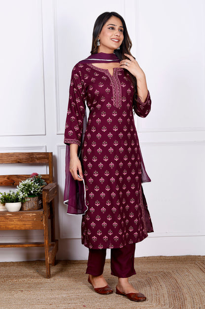 Wine Rayon Printed Women Round Neck Straight Kurta Pant and Dupatta Set