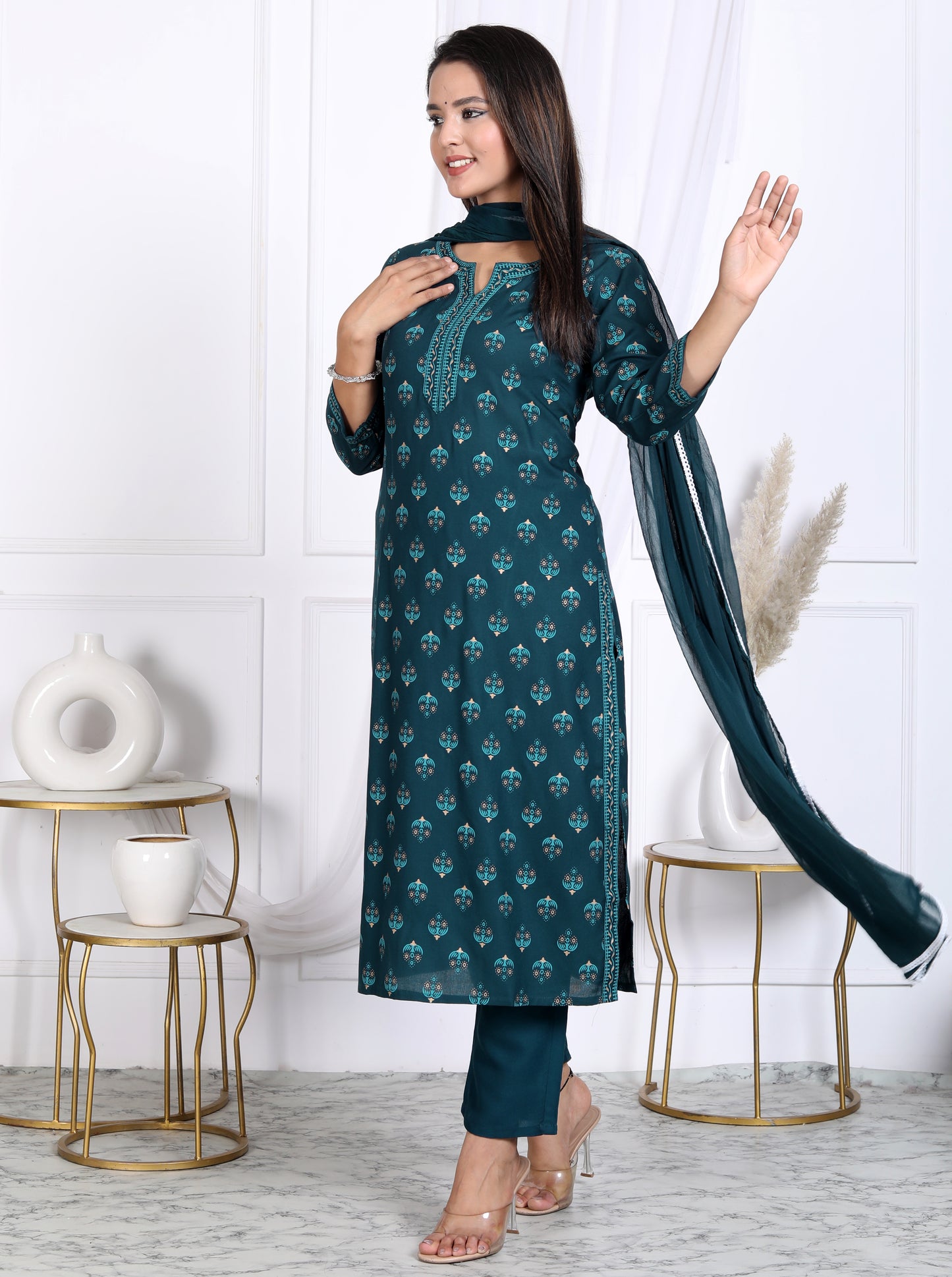 Teal Rayon Printed Women Round Neck Straight Kurta Pant and Dupatta Set