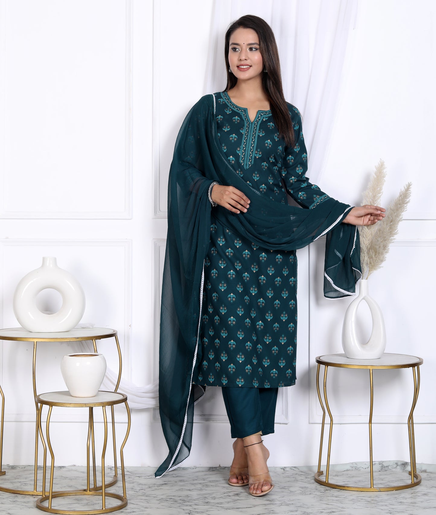 Teal Rayon Printed Women Round Neck Straight Kurta Pant and Dupatta Set