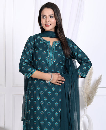 Teal Rayon Printed Women Round Neck Straight Kurta Pant and Dupatta Set