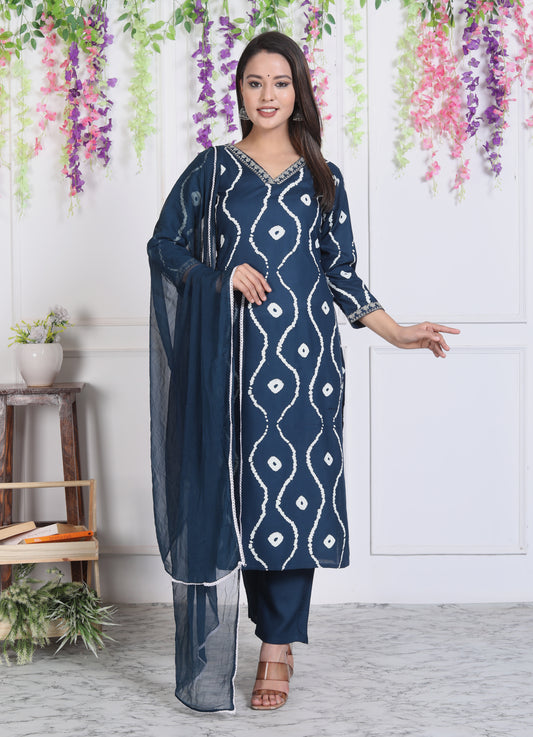Teal Lehriya Printed Women Embroidered V neck Staright Kurta Pant and Dupatta Set