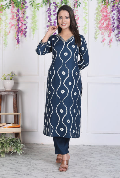 Teal Lehriya Printed Women Embroidered V neck Staright Kurta Pant and Dupatta Set