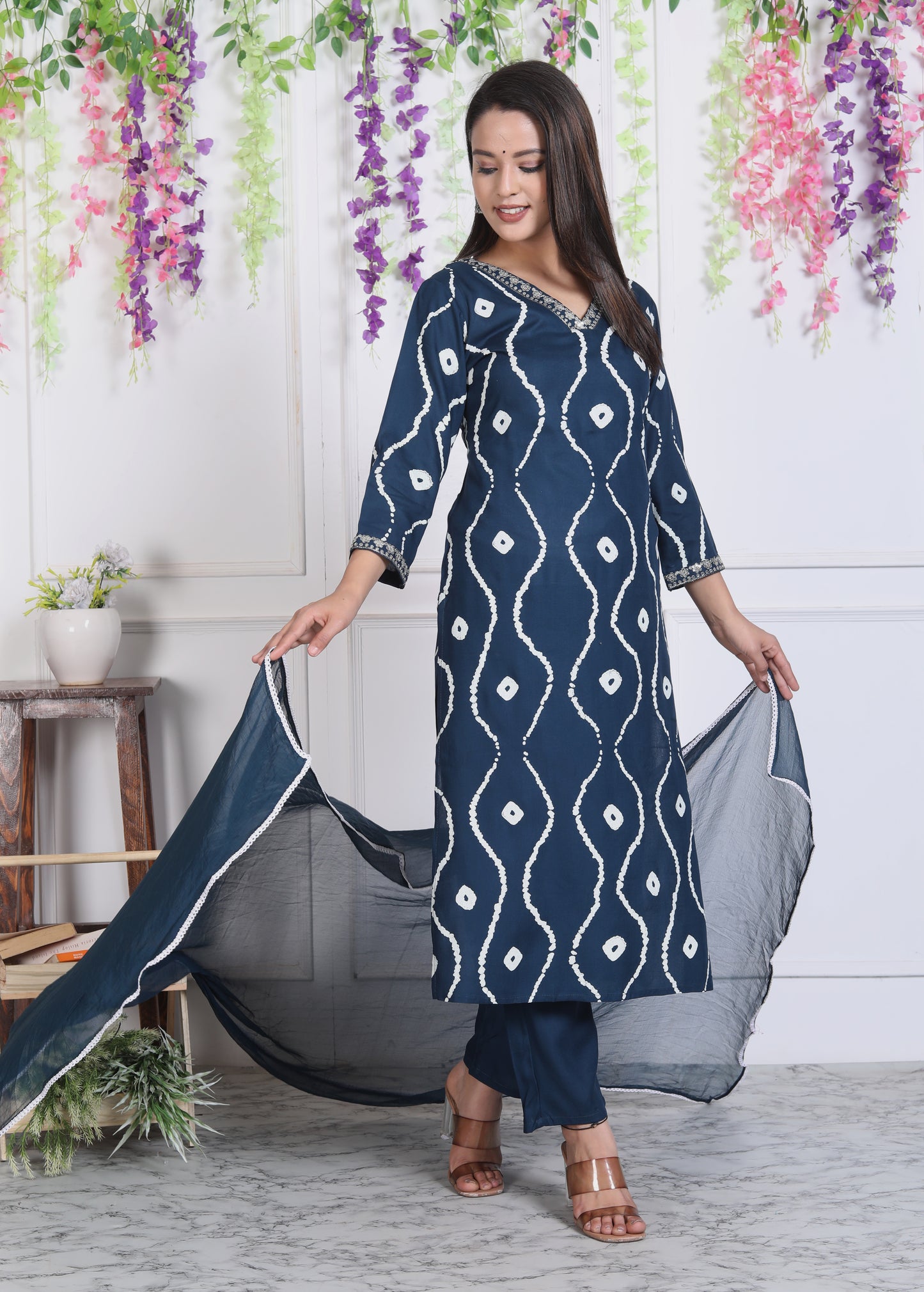 Teal Lehriya Printed Women Embroidered V neck Staright Kurta Pant and Dupatta Set