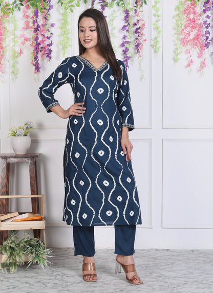 Teal Lehriya Printed Women Embroidered V neck Staright Kurta Pant and Dupatta Set
