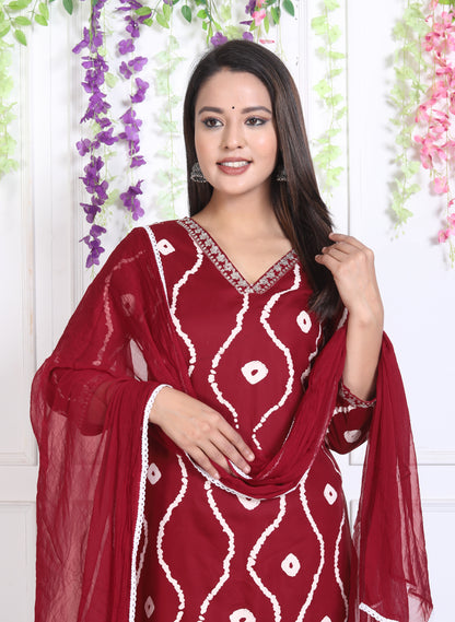 Maroon Lehriya Printed Women Embroidered V neck Staright Kurta Pant and Dupatta Set