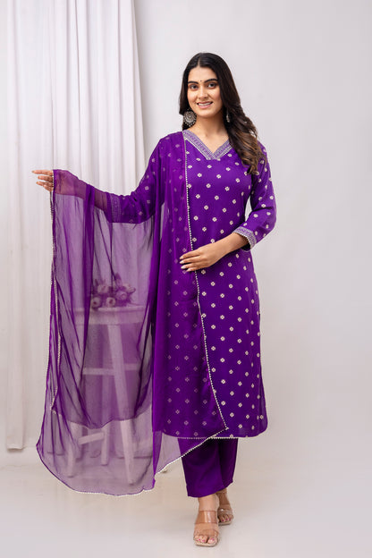 Purple Embroidered V Neck Women Straight Rayon Kurta Pant and Dupatta Set
