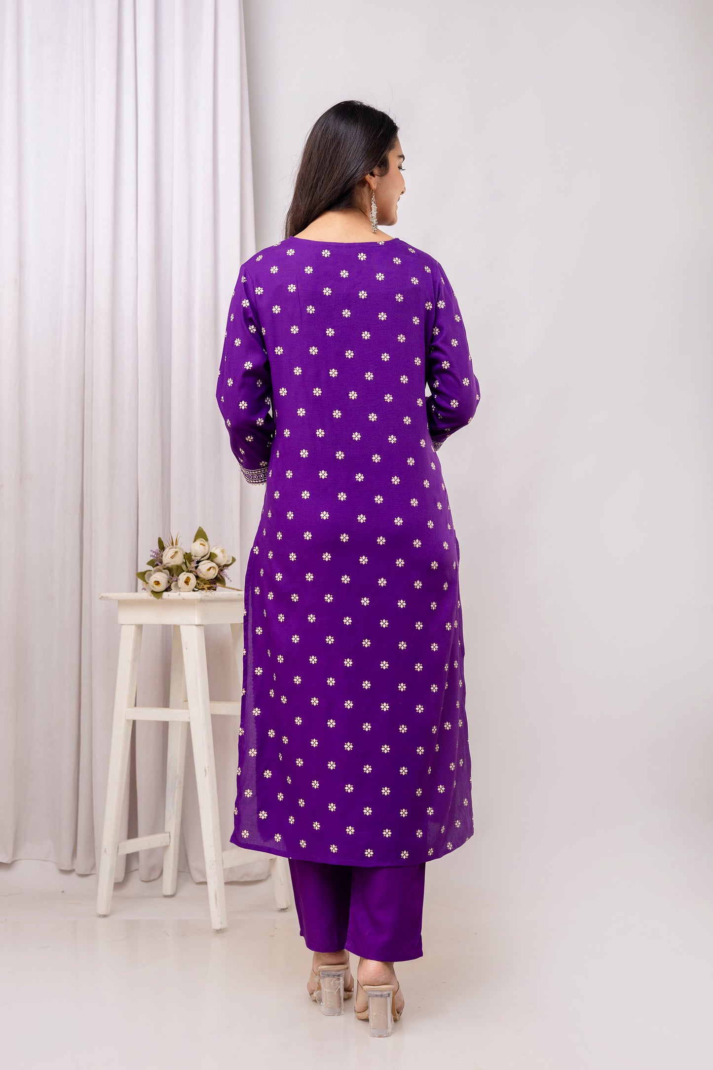 Purple Embroidered V Neck Women Straight Rayon Kurta Pant and Dupatta Set