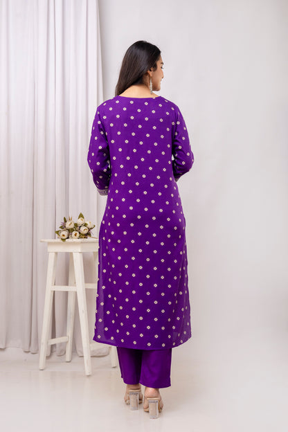 Purple Embroidered V Neck Women Straight Rayon Kurta Pant and Dupatta Set