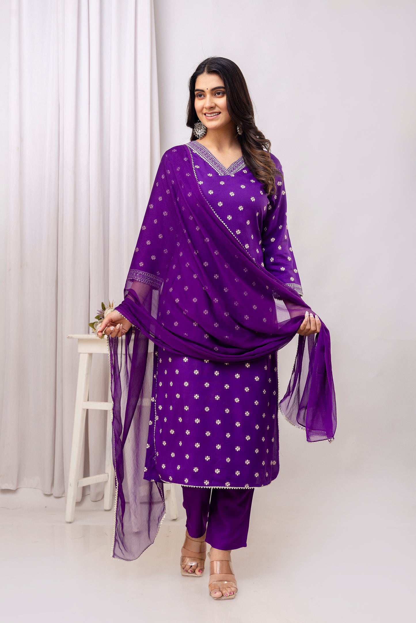 Purple Embroidered V Neck Women Straight Rayon Kurta Pant and Dupatta Set