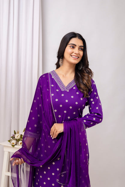 Purple Embroidered V Neck Women Straight Rayon Kurta Pant and Dupatta Set