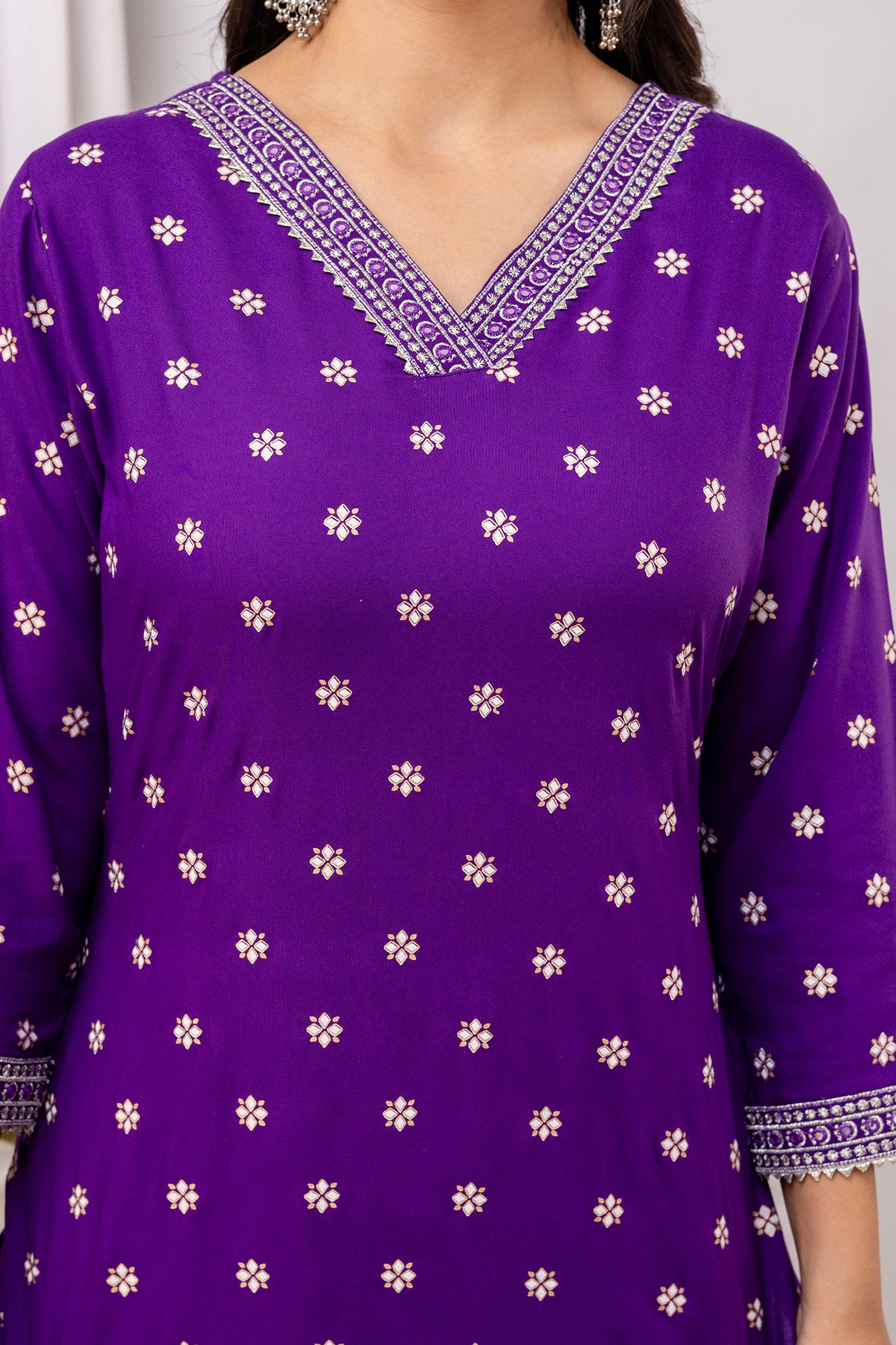 Purple Embroidered V Neck Women Straight Rayon Kurta Pant and Dupatta Set
