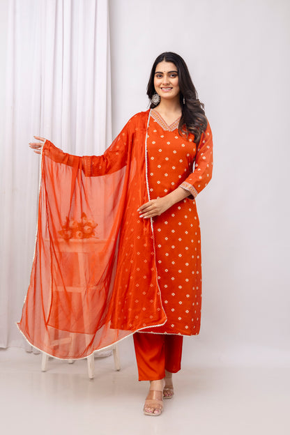 Rust Embroidered V Neck Women Straight Rayon Kurta Pant and Dupatta Set