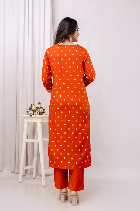 Rust Embroidered V Neck Women Straight Rayon Kurta Pant and Dupatta Set
