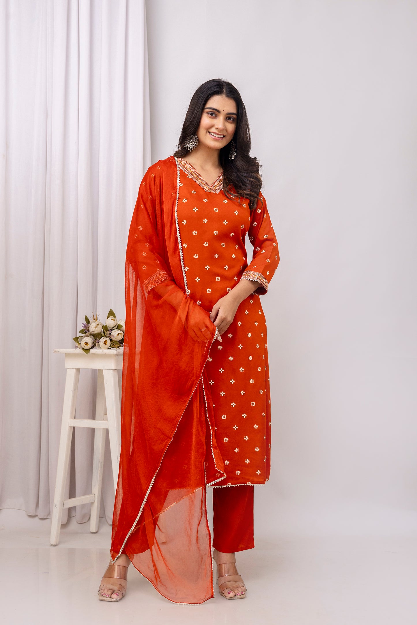 Rust Embroidered V Neck Women Straight Rayon Kurta Pant and Dupatta Set