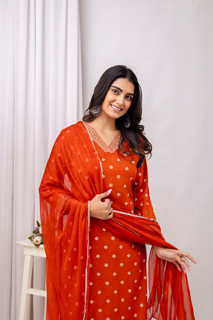 Rust Embroidered V Neck Women Straight Rayon Kurta Pant and Dupatta Set