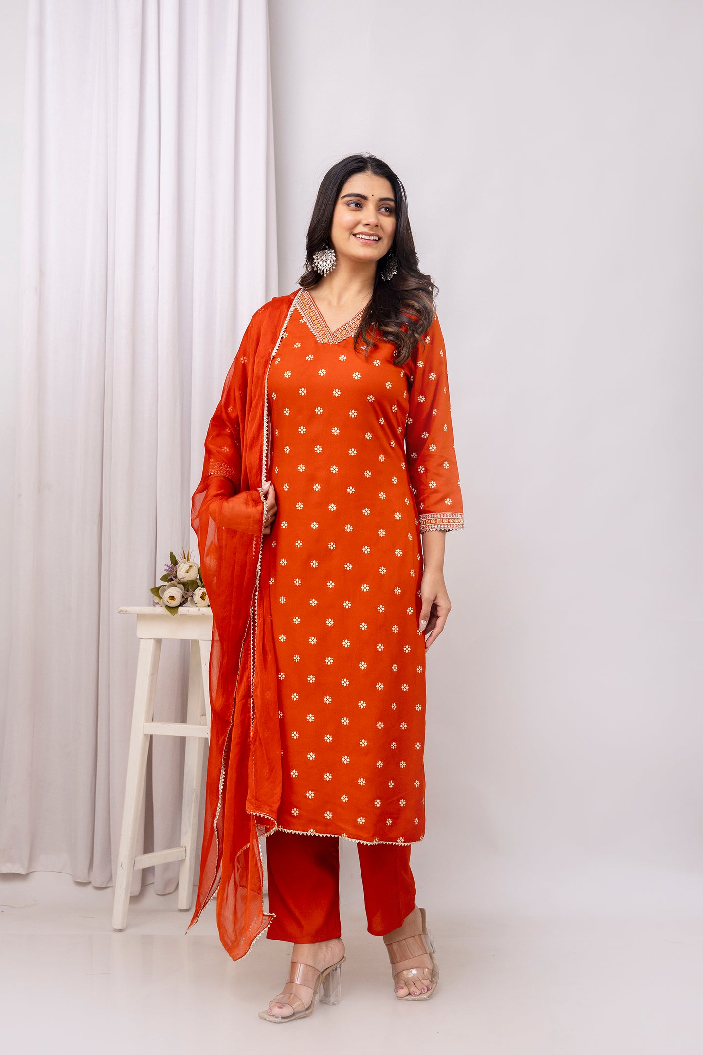 Rust Embroidered V Neck Women Straight Rayon Kurta Pant and Dupatta Set