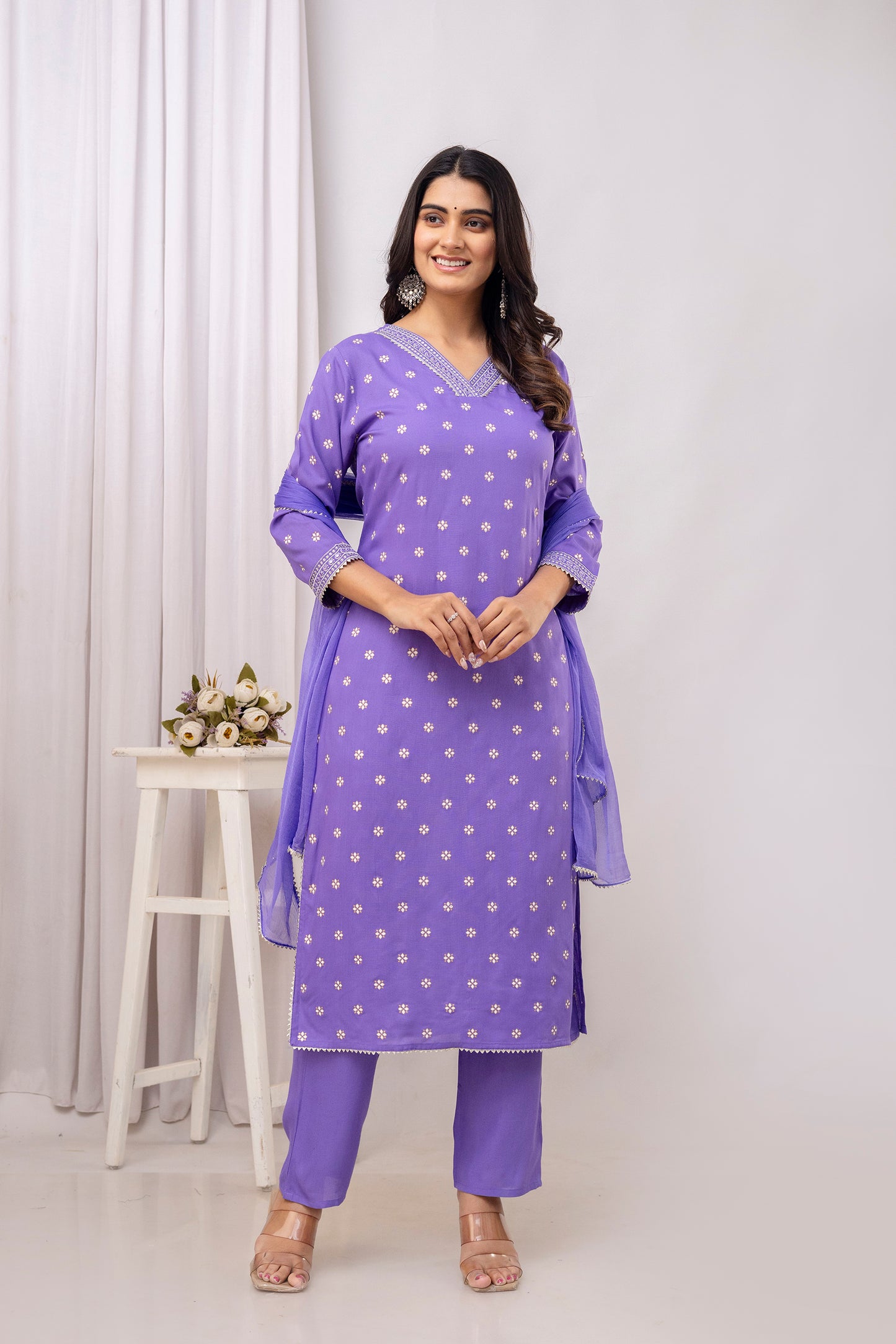 Purple Embroidered V Neck Women Straight Rayon Kurta Pant and Dupatta Set