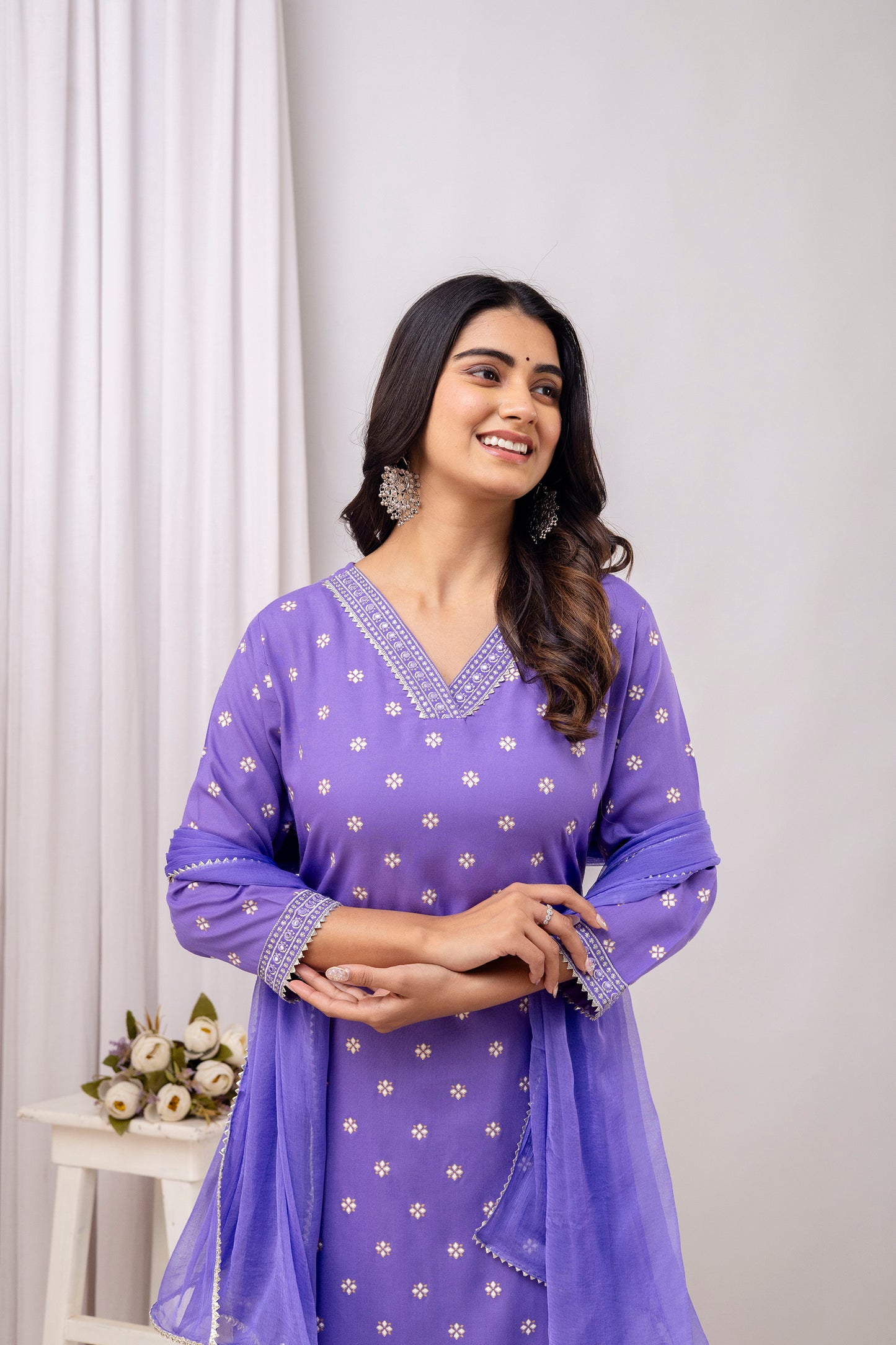 Purple Embroidered V Neck Women Straight Rayon Kurta Pant and Dupatta Set