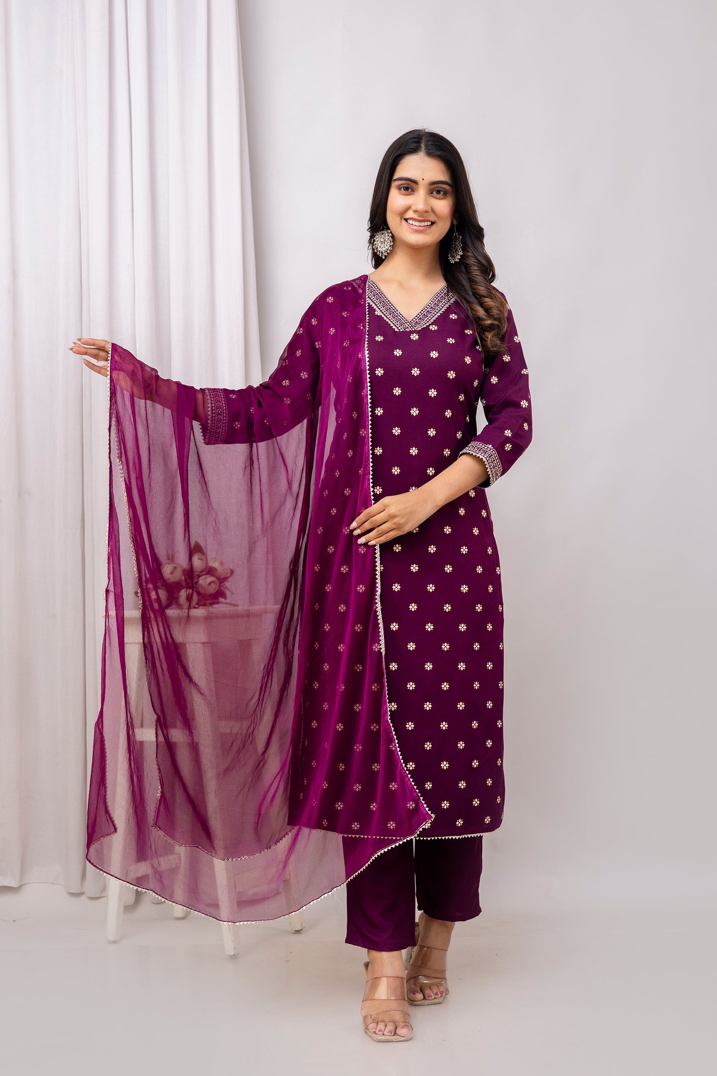 Wine Embroidered V Neck Women Straight Rayon Kurta Pant and Dupatta Set