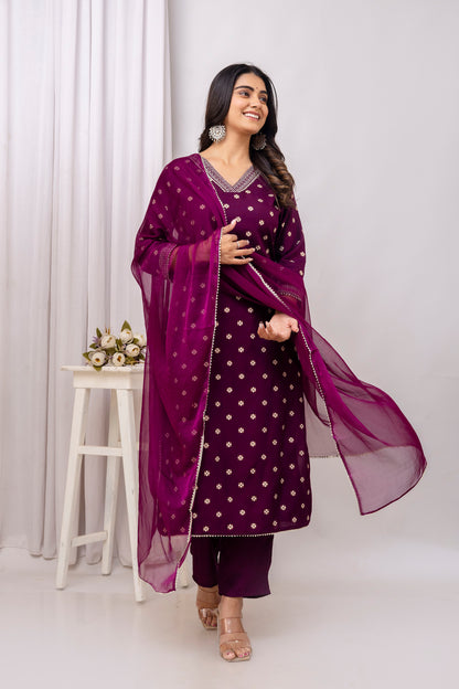 Wine Embroidered V Neck Women Straight Rayon Kurta Pant and Dupatta Set