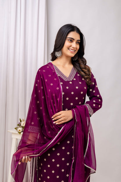 Wine Embroidered V Neck Women Straight Rayon Kurta Pant and Dupatta Set
