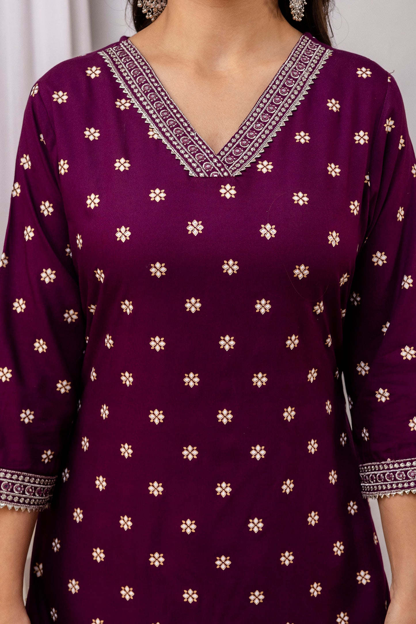 Wine Embroidered V Neck Women Straight Rayon Kurta Pant and Dupatta Set