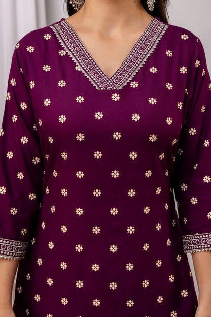 Wine Embroidered V Neck Women Straight Rayon Kurta Pant and Dupatta Set