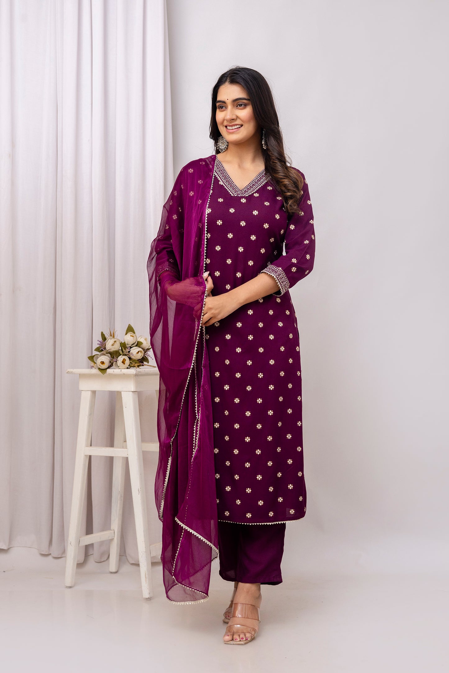 Wine Embroidered V Neck Women Straight Rayon Kurta Pant and Dupatta Set