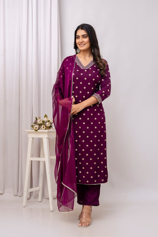 Wine Embroidered V Neck Women Straight Rayon Kurta Pant and Dupatta Set