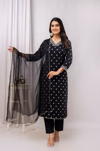 Black Embroidered V Neck Women Straight Rayon Kurta Pant and Dupatta Set