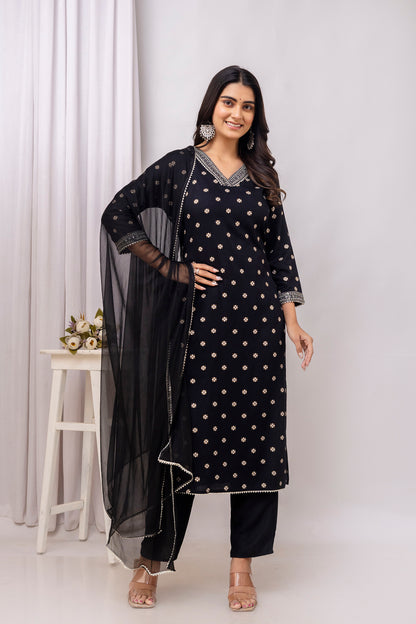 Black Embroidered V Neck Women Straight Rayon Kurta Pant and Dupatta Set