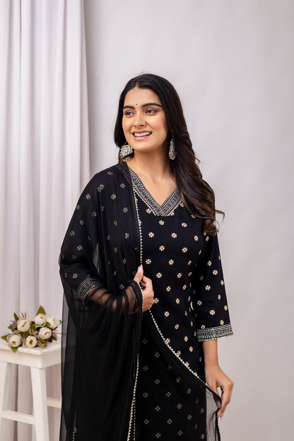 Black Embroidered V Neck Women Straight Rayon Kurta Pant and Dupatta Set