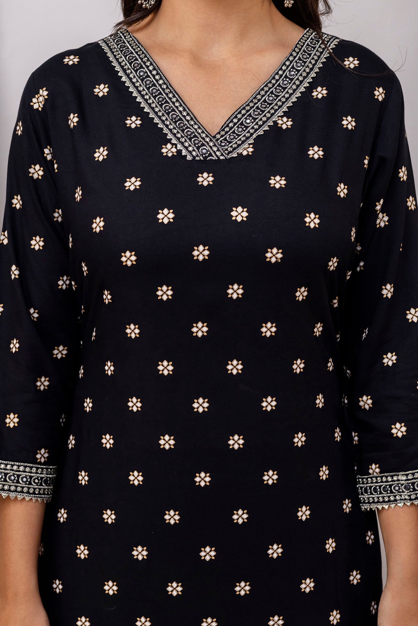 Black Embroidered V Neck Women Straight Rayon Kurta Pant and Dupatta Set