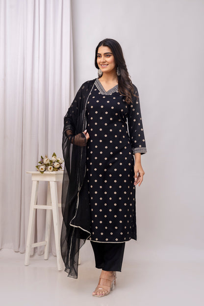 Black Embroidered V Neck Women Straight Rayon Kurta Pant and Dupatta Set