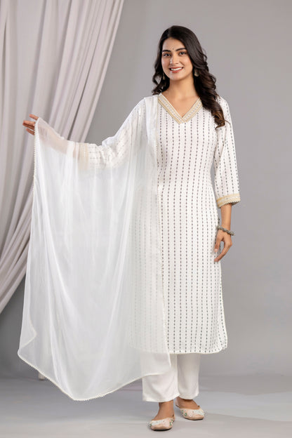 White Embroidered V Neck Women Straight Rayon Kurta Pant and Dupatta Set