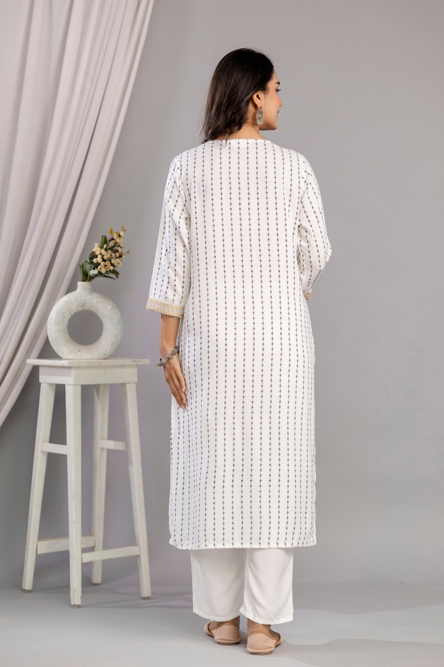 White Embroidered V Neck Women Straight Rayon Kurta Pant and Dupatta Set