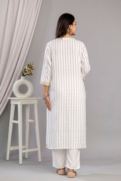 White Embroidered V Neck Women Straight Rayon Kurta Pant and Dupatta Set