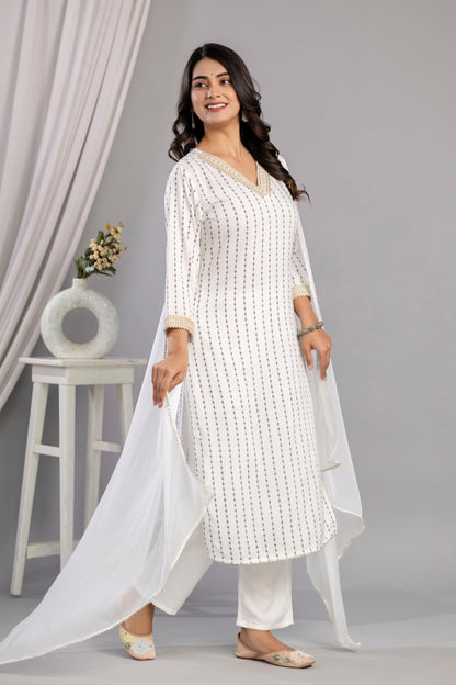 White Embroidered V Neck Women Straight Rayon Kurta Pant and Dupatta Set