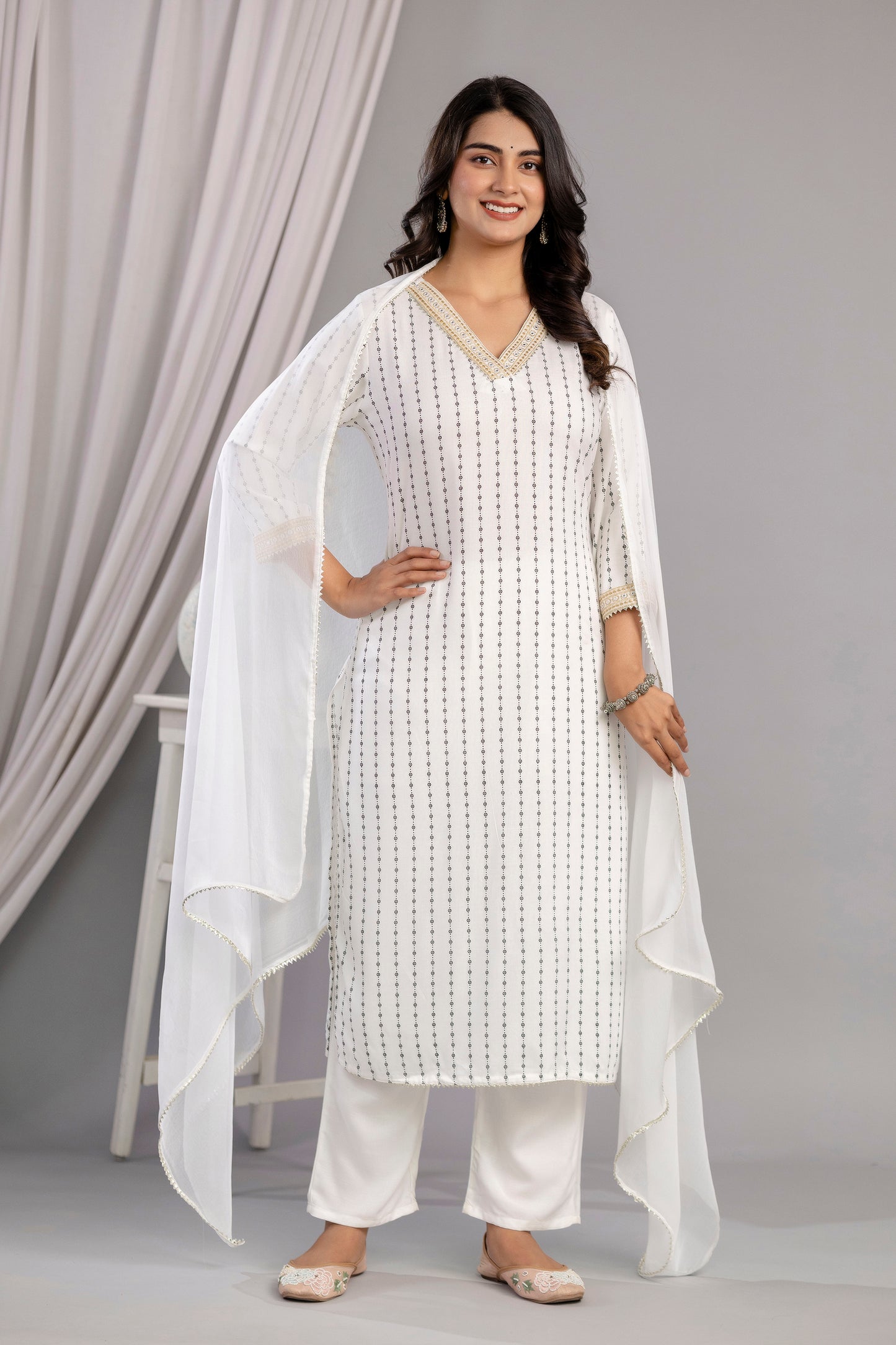White Embroidered V Neck Women Straight Rayon Kurta Pant and Dupatta Set