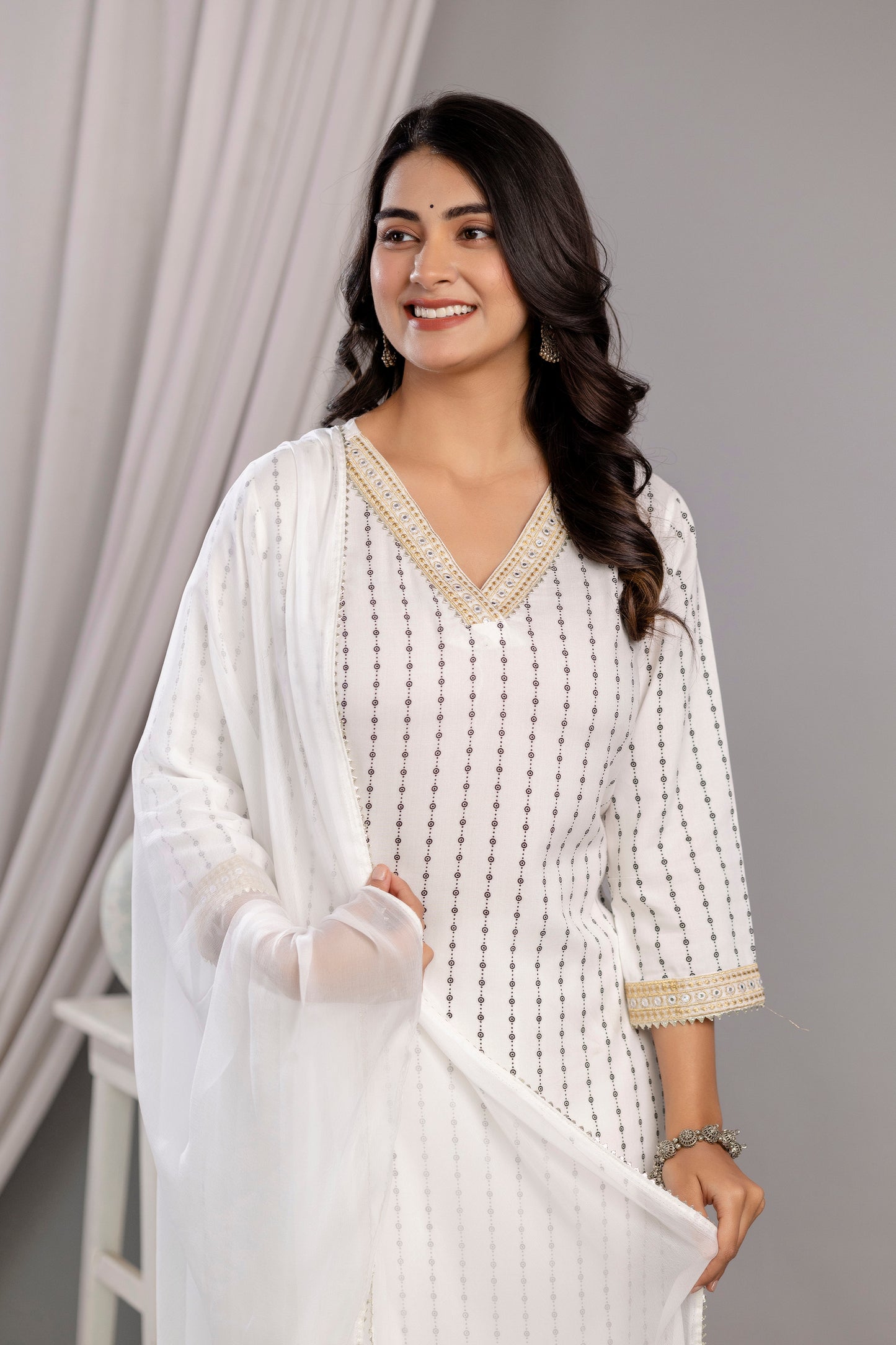 White Embroidered V Neck Women Straight Rayon Kurta Pant and Dupatta Set