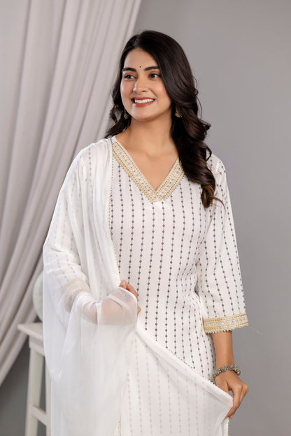 White Embroidered V Neck Women Straight Rayon Kurta Pant and Dupatta Set