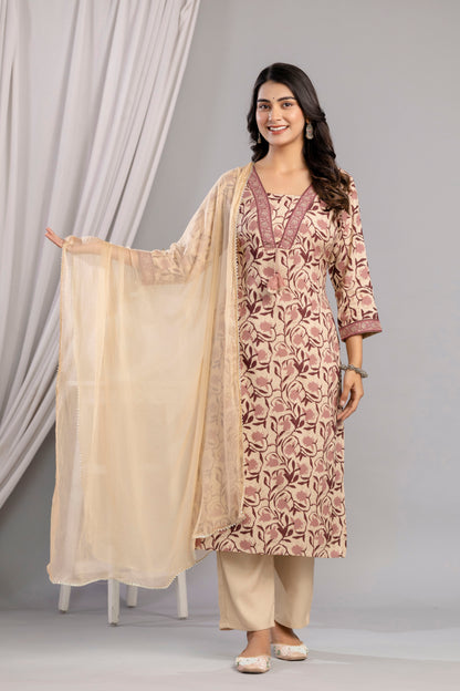 Wine Dabu Printed Rayon Printed Straight Women Kurta Pant and Dupatta Set