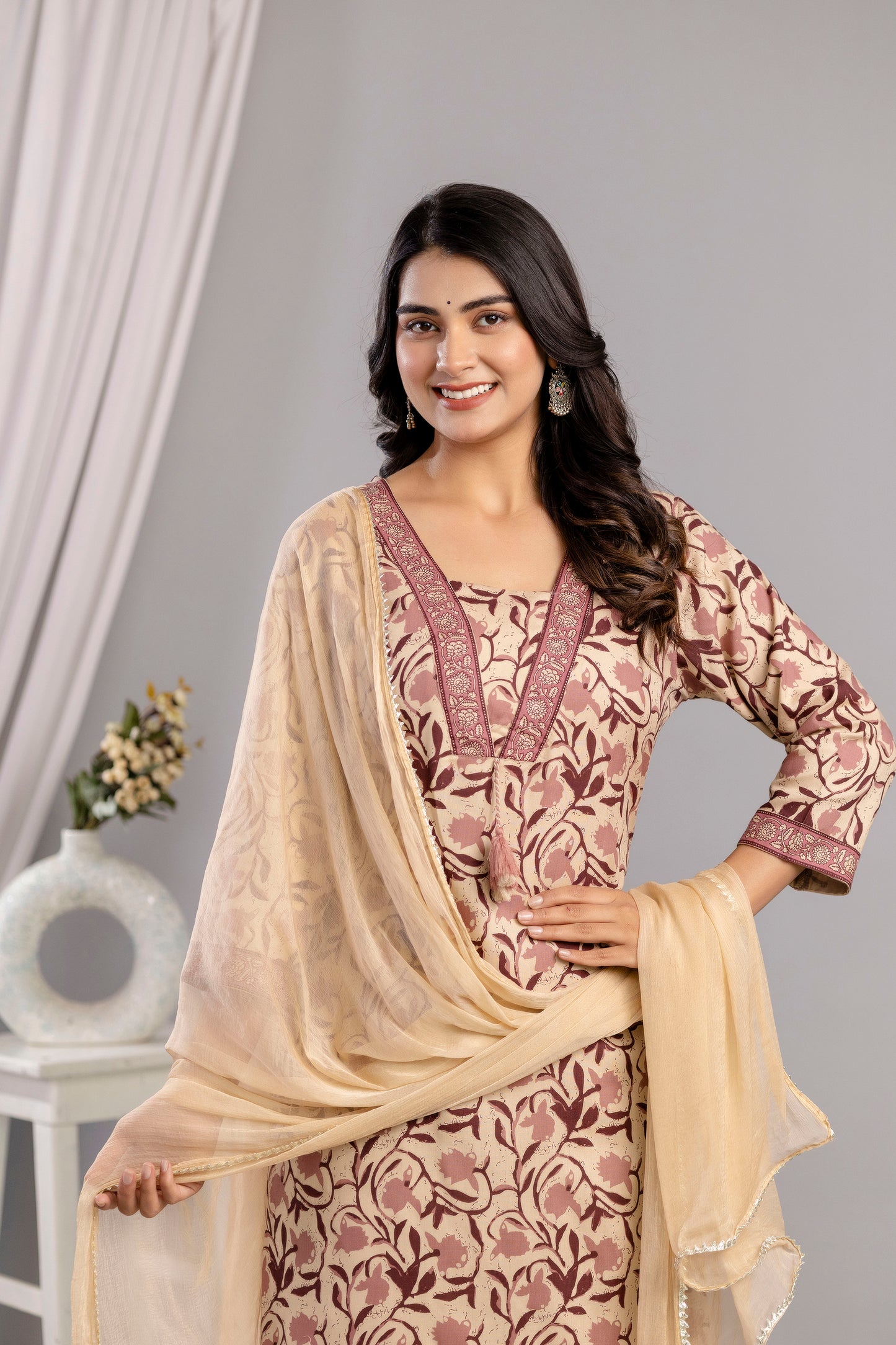 Wine Dabu Printed Rayon Printed Straight Women Kurta Pant and Dupatta Set