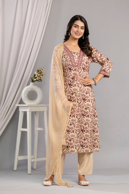 Wine Dabu Printed Rayon Printed Straight Women Kurta Pant and Dupatta Set