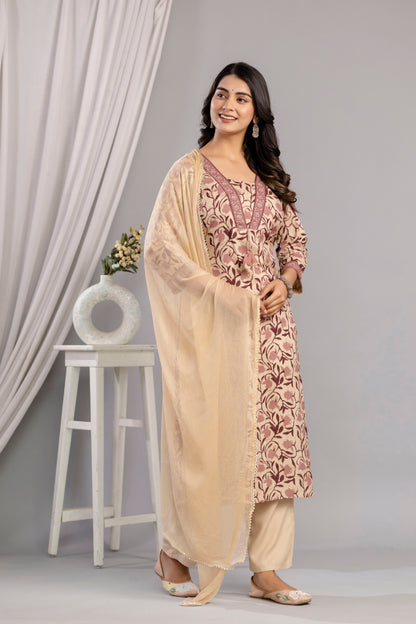 Wine Dabu Printed Rayon Printed Straight Women Kurta Pant and Dupatta Set