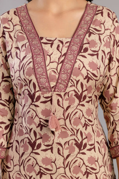 Wine Dabu Printed Rayon Printed Straight Women Kurta Pant and Dupatta Set