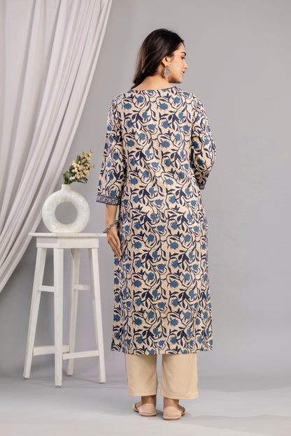 Teal Dabu Printed Rayon Printed Straight Women Kurta Pant and Dupatta Set