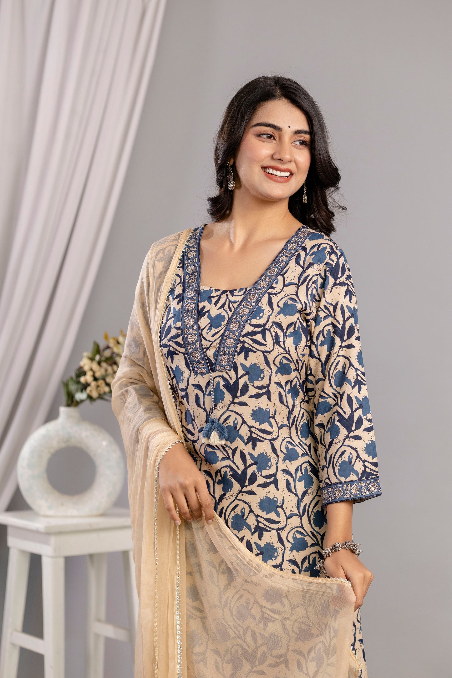 Teal Dabu Printed Rayon Printed Straight Women Kurta Pant and Dupatta Set